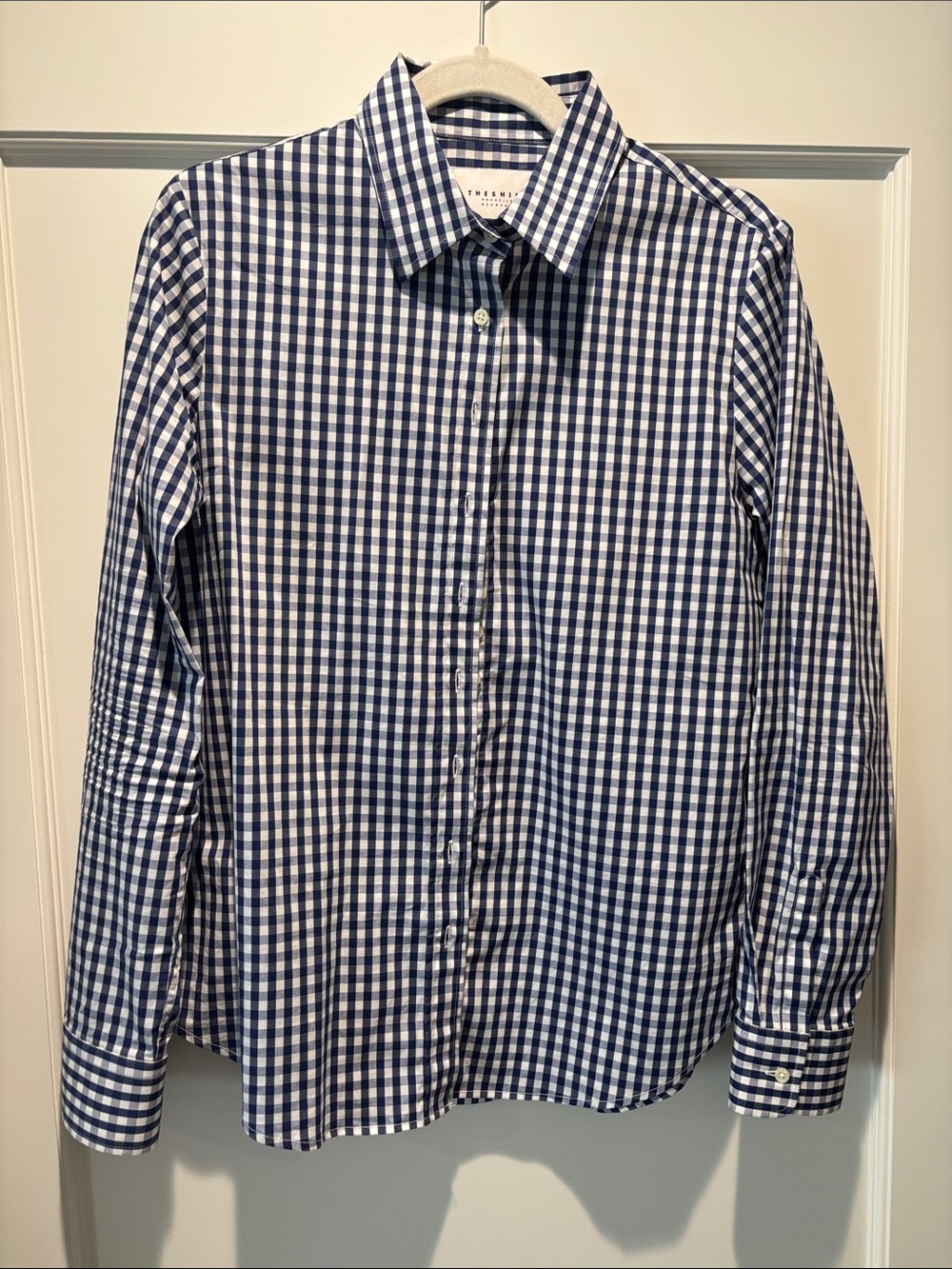 Classic Navy and White Gingham Button-Down Blouse